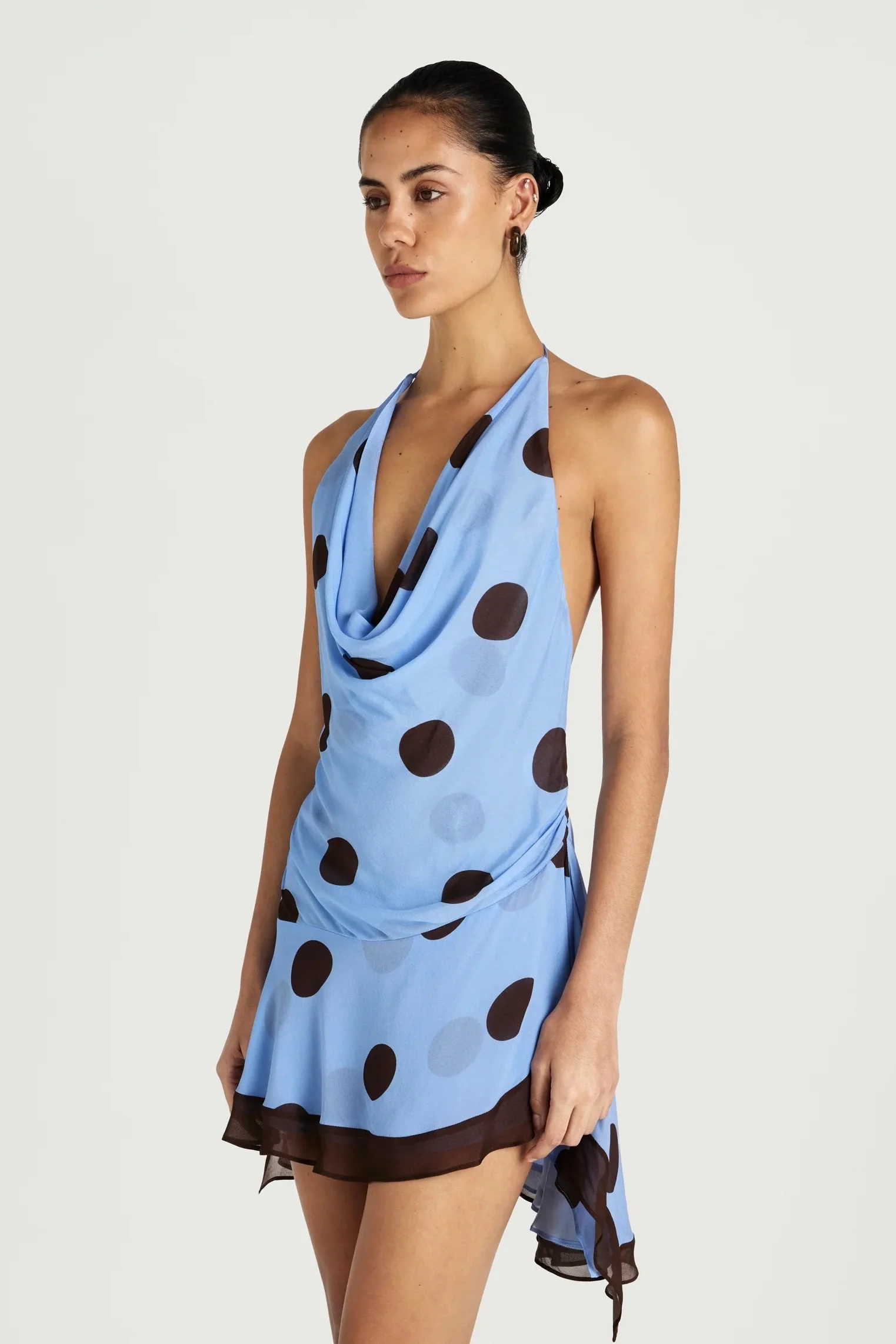 Benni Harlow Halter Mini Dress - Blue & Choc Polka - Image 3