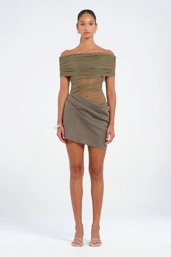 Benni Nico Off Shoulder Mini Dress - Khaki