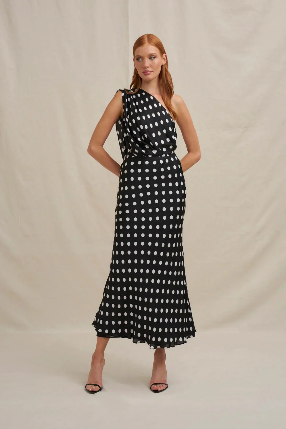 By Johnny Dove Drape Polka Ankle Dress - Black Ivory