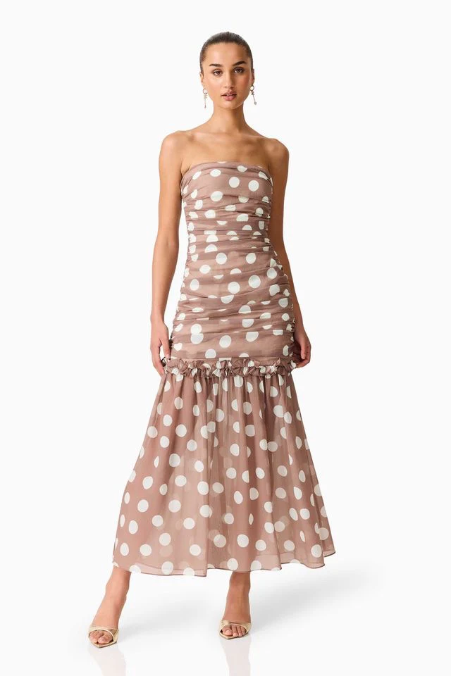 Elliatt Sola Polka Dot Strapless Gown - Brown & White - Image 2