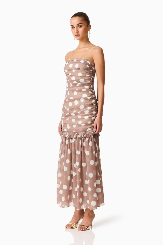 Elliatt Sola Polka Dot Strapless Gown - Brown & White - Image 3