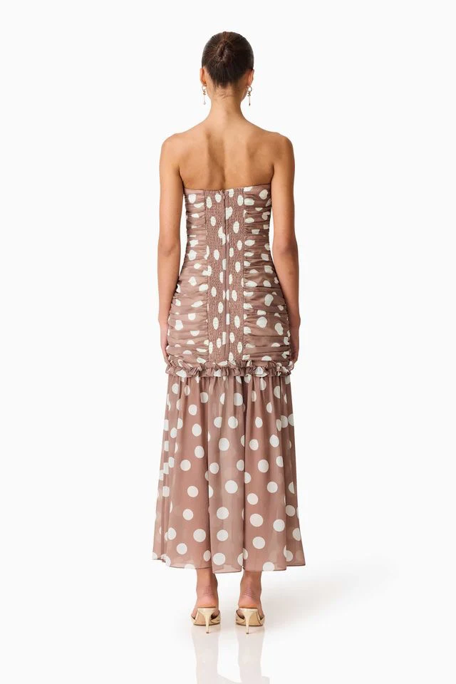 Elliatt Sola Polka Dot Strapless Gown - Brown & White - Image 4