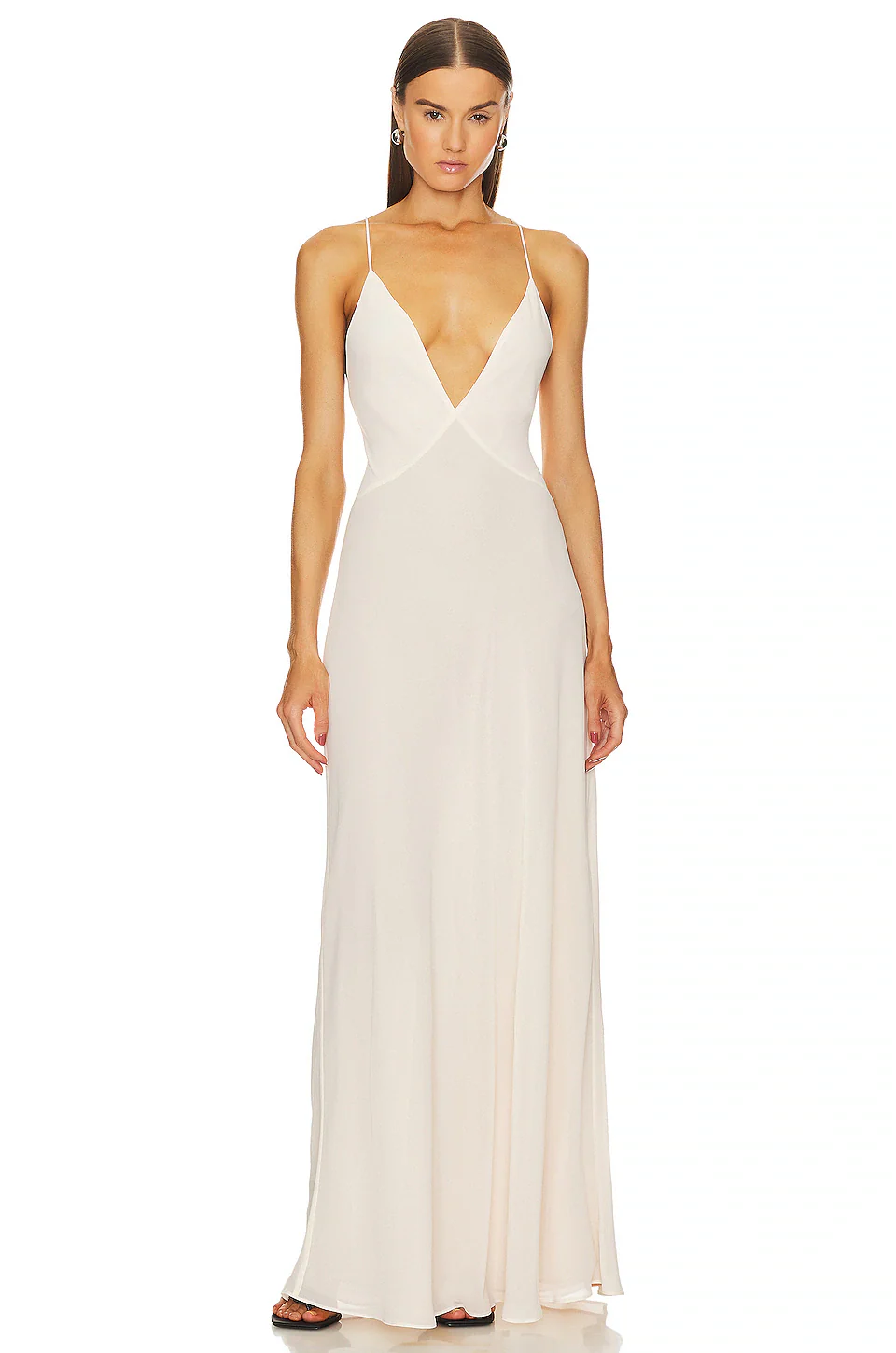 Helsa Studio Sheer Deep V Long Slip Dress - Cream - Image 2