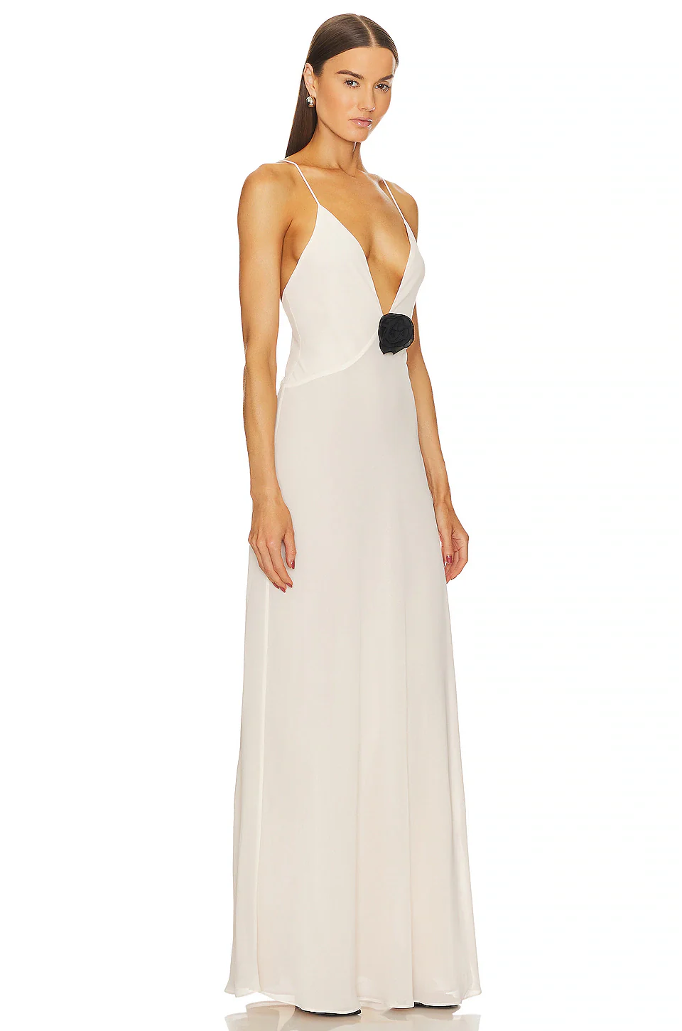 Helsa Studio Sheer Deep V Long Slip Dress - Cream - Image 3