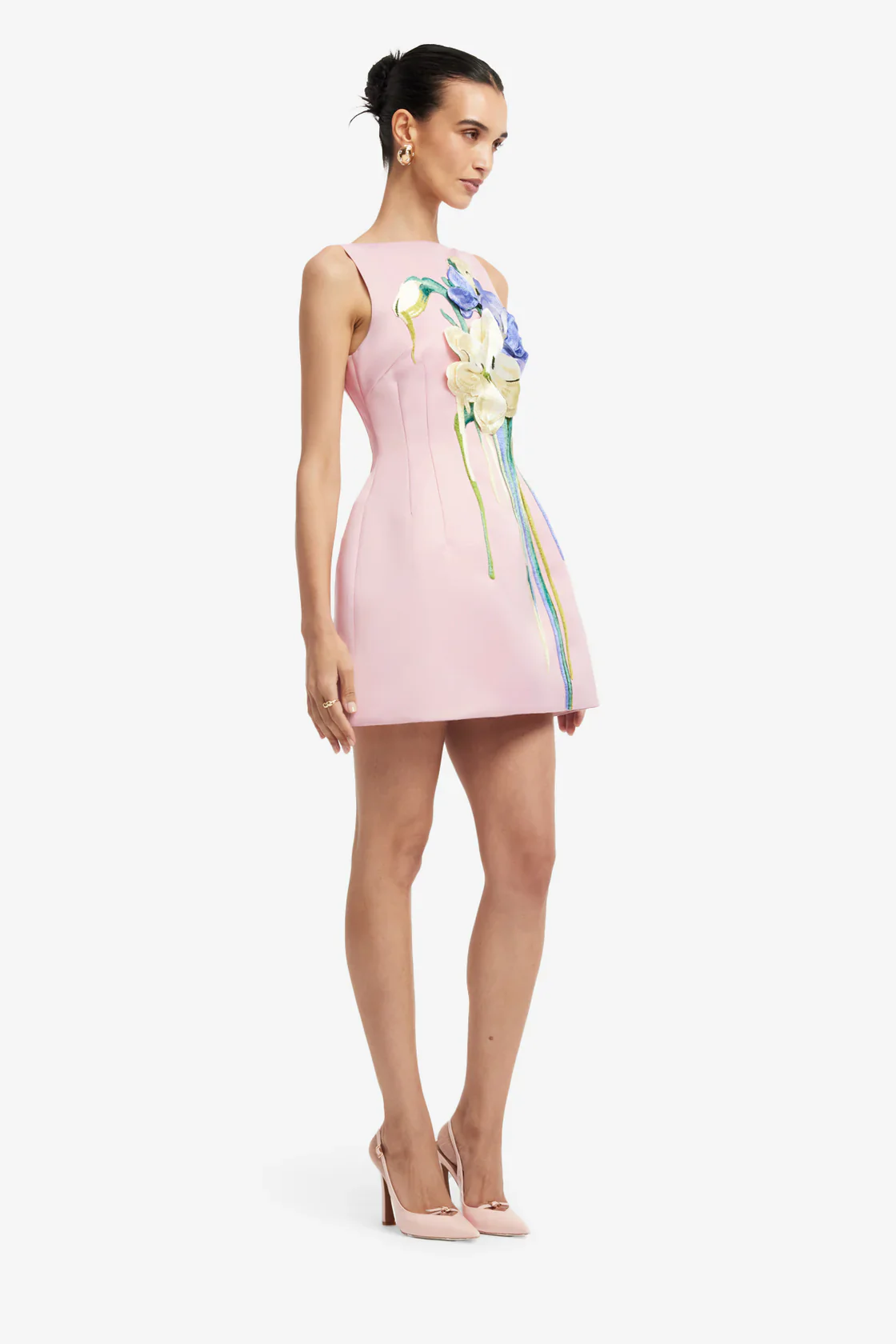 Leo Lin Ali Embroidered Boat Neck Mini Dress - Bouquet Print in Pastel Pink - Image 5