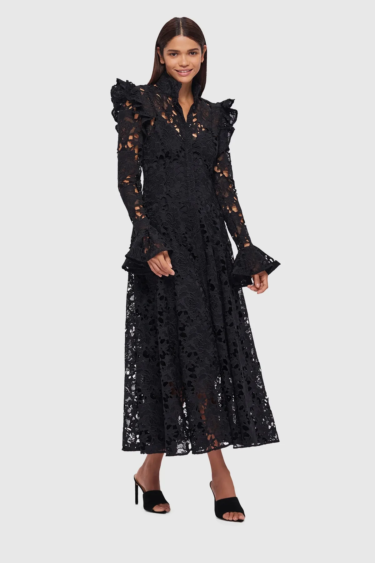 Leo Lin Aliyah Lace Butterfly Sleeve Midi Dress - Ebony - Image 2