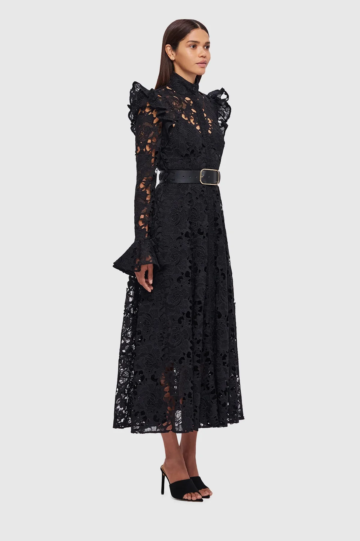 Leo Lin Aliyah Lace Butterfly Sleeve Midi Dress - Ebony - Image 4