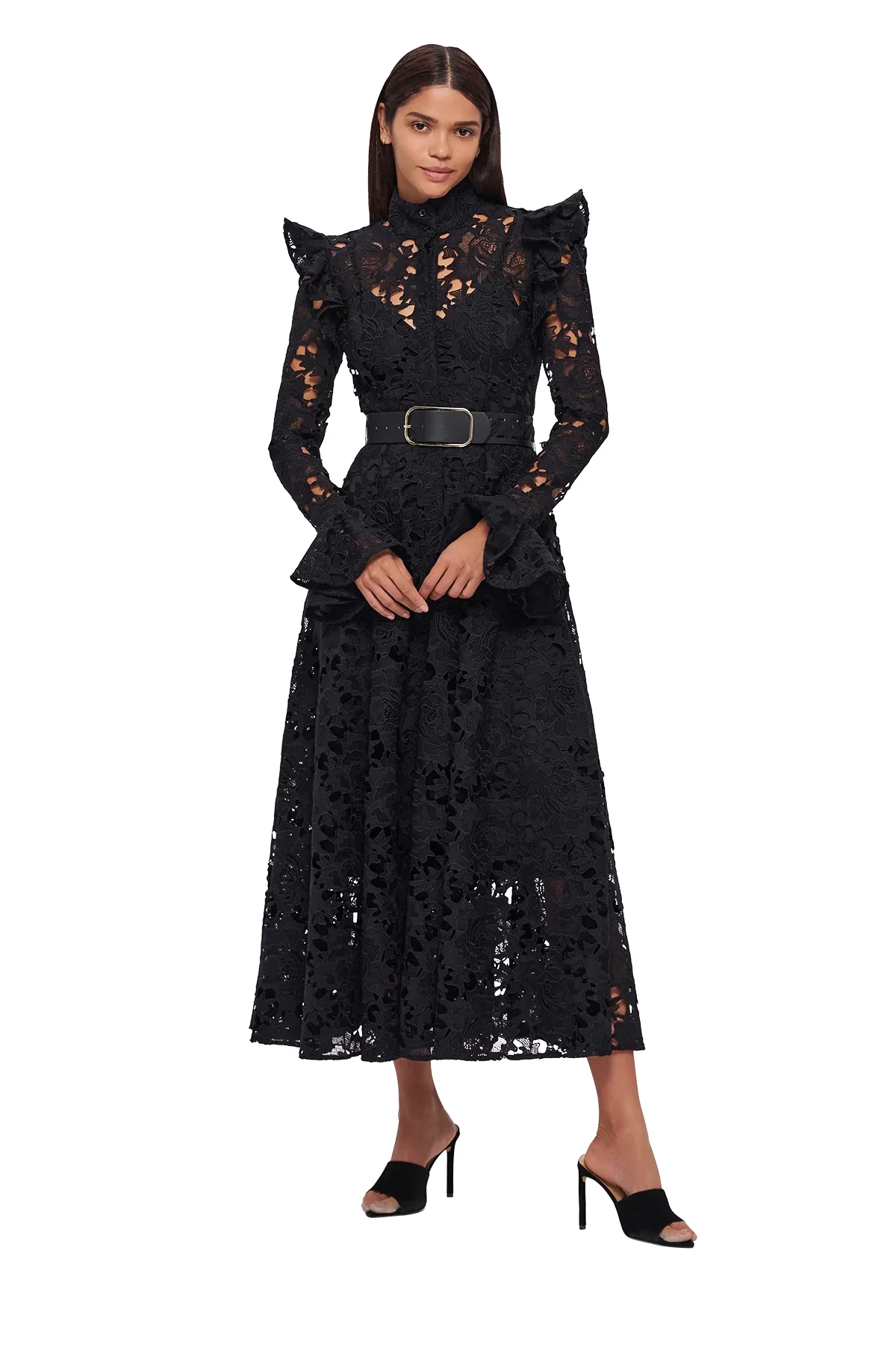 Leo Lin Aliyah Lace Butterfly Sleeve Midi Dress - Ebony - Image 7