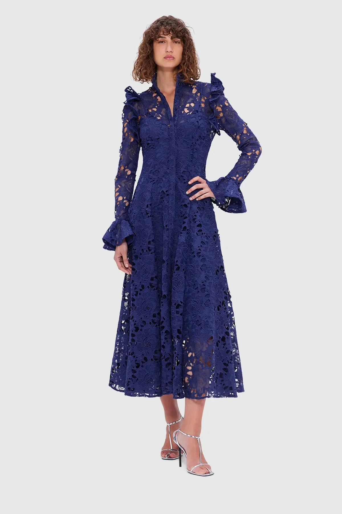 Leo Lin Aliyah Lace Butterfly Sleeve Midi Dress - Oxford Blue - Image 2