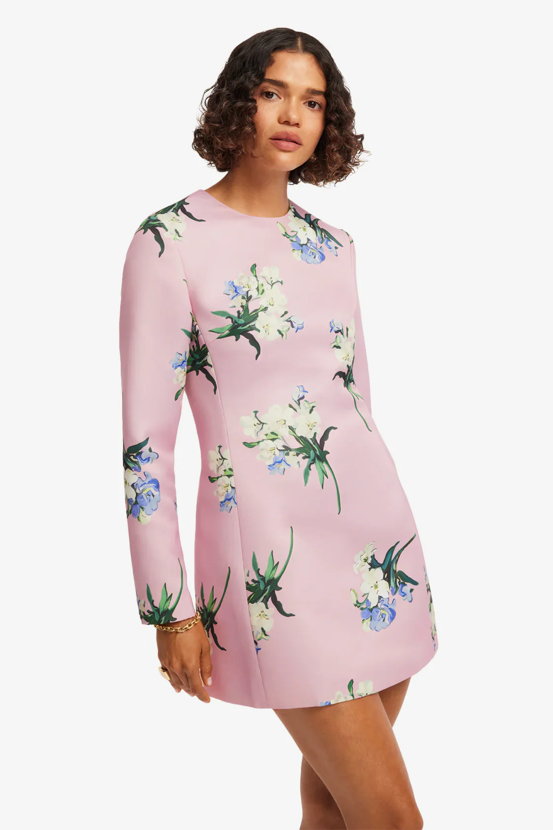 Leo Lin Aliza Long Sleeve Mini Dress - Bouquet Print in Pastel Pink - Image 2