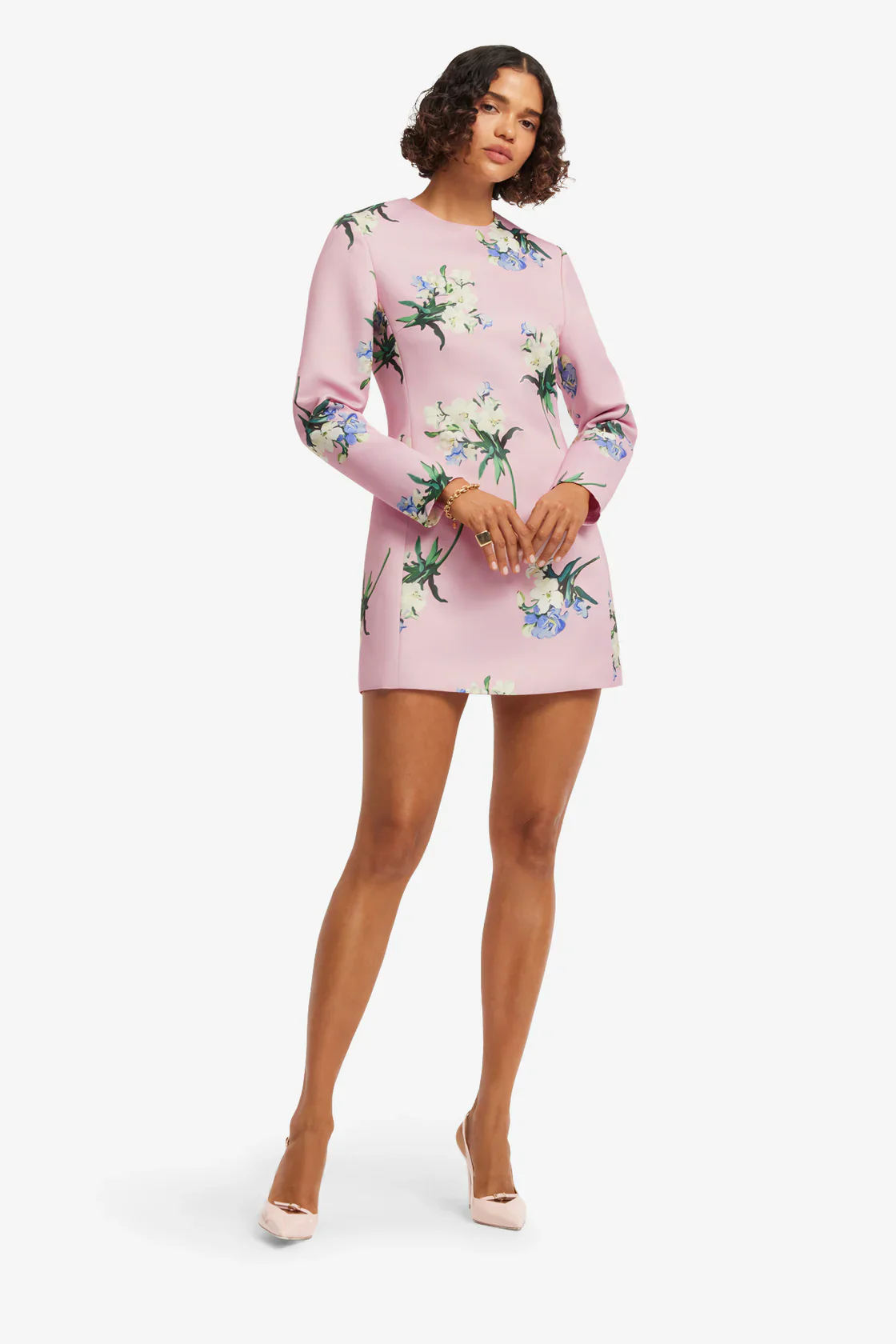 Leo Lin Aliza Long Sleeve Mini Dress - Bouquet Print in Pastel Pink - Image 3