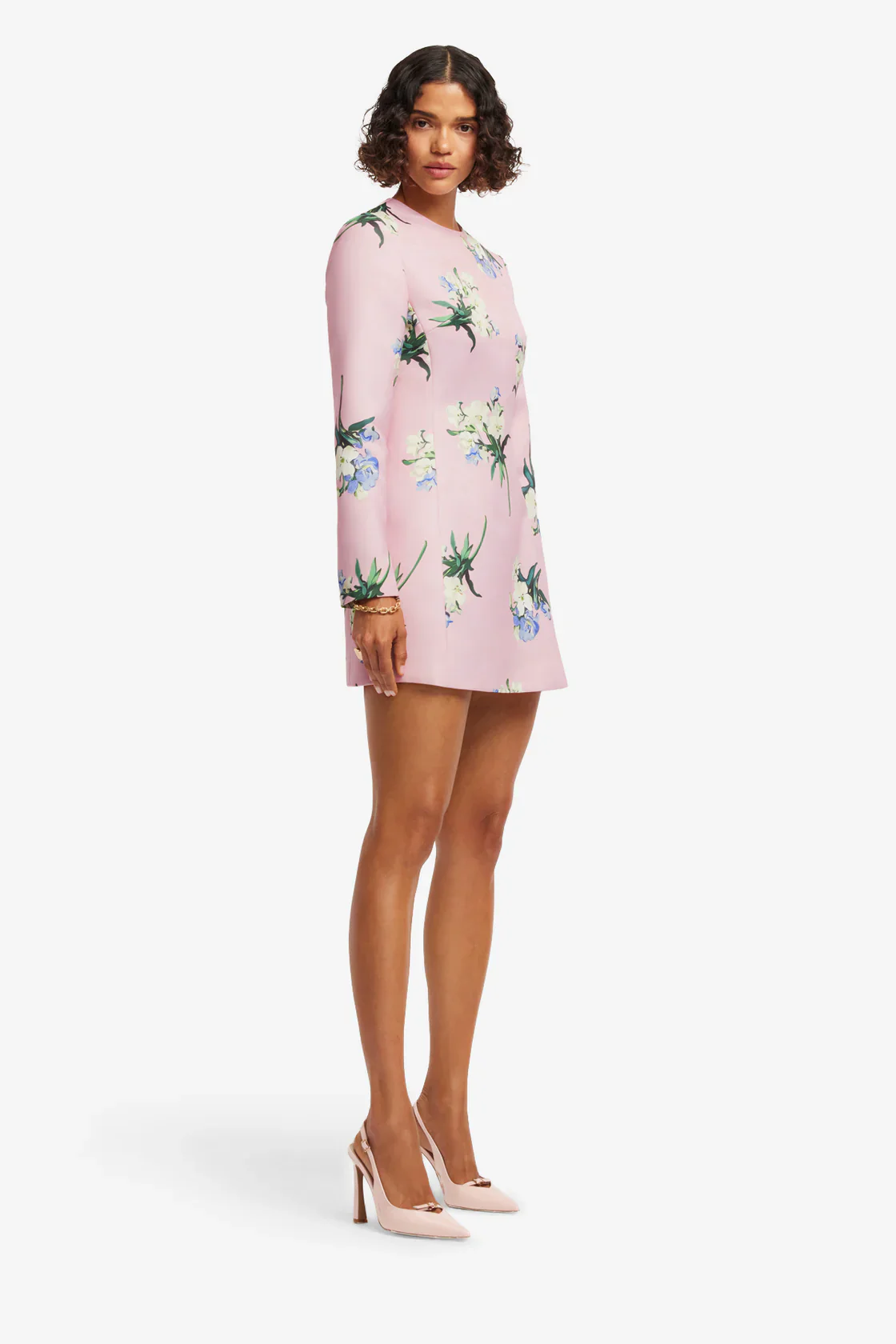 Leo Lin Aliza Long Sleeve Mini Dress - Bouquet Print in Pastel Pink - Image 4