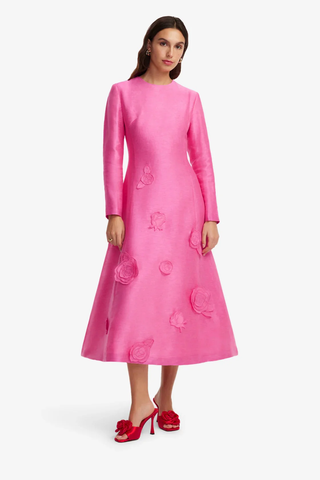 Leo Lin Amira Long Sleeve Petal Midi Dress - Fuchsia - Image 2