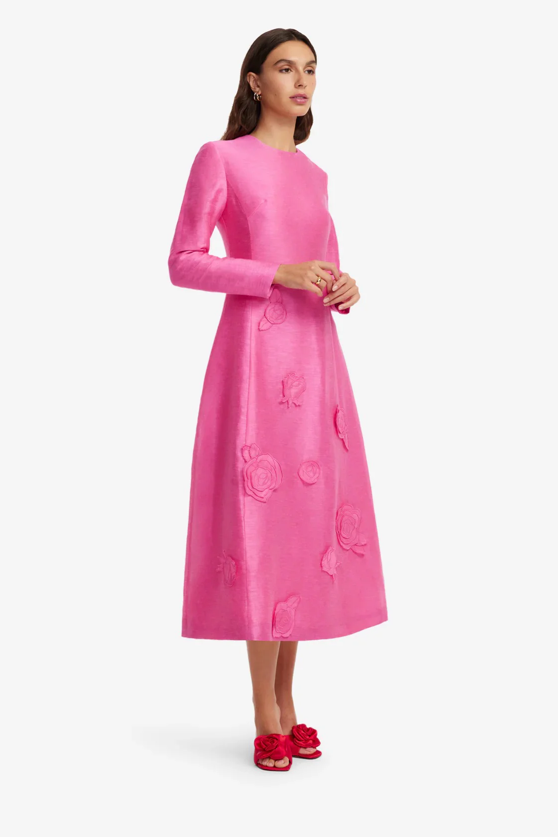 Leo Lin Amira Long Sleeve Petal Midi Dress - Fuchsia - Image 3