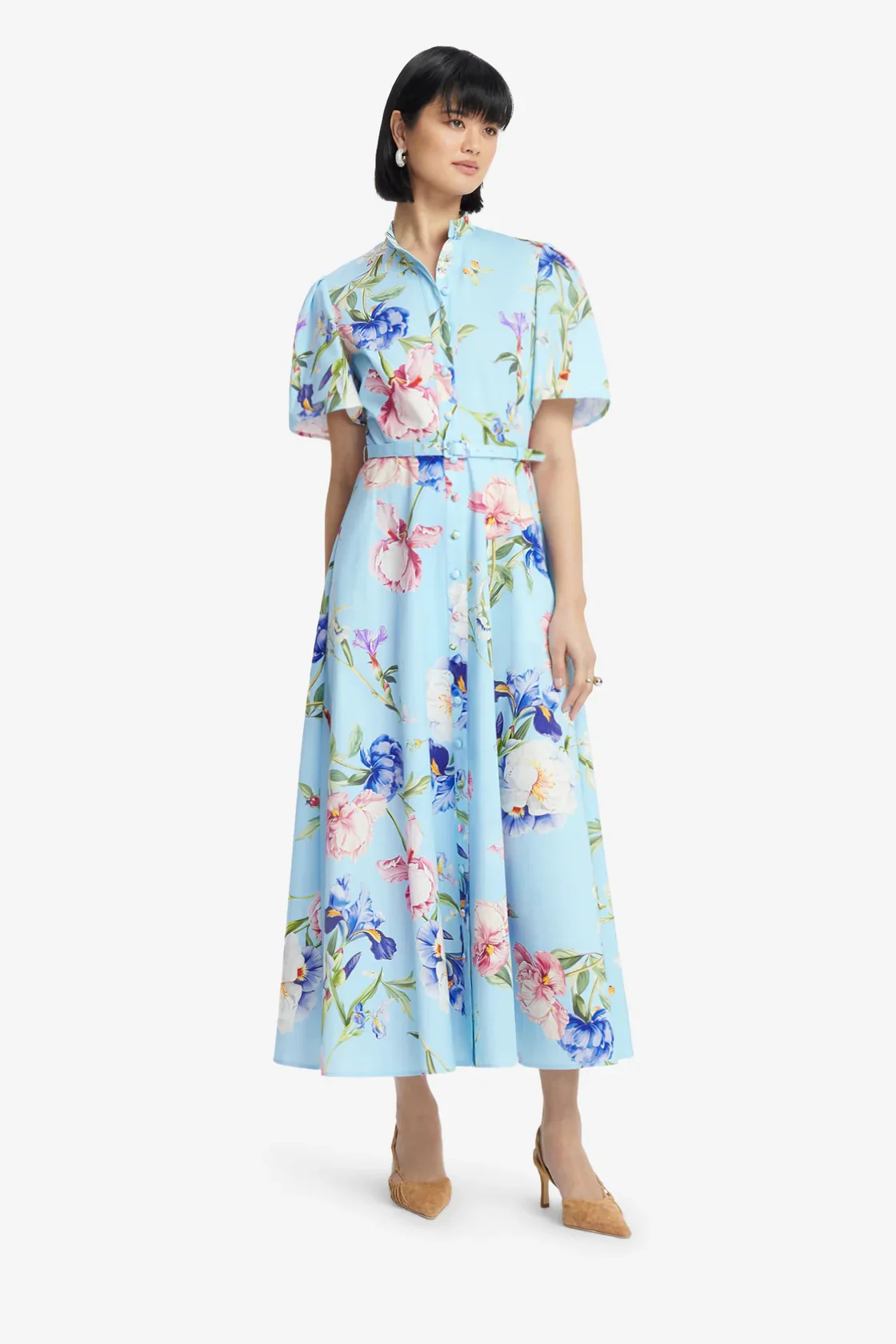 Leo Lin Bianca Short Sleeve Midi Dress - Garden Print in Baby Blue - Image 2
