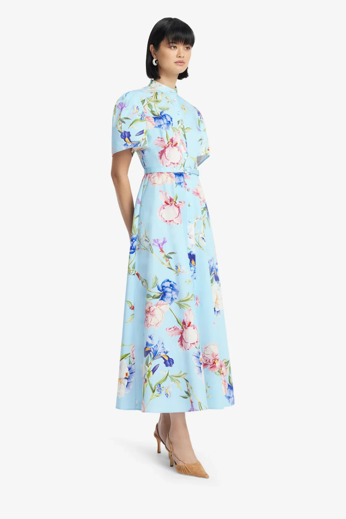 Leo Lin Bianca Short Sleeve Midi Dress - Garden Print in Baby Blue - Image 3