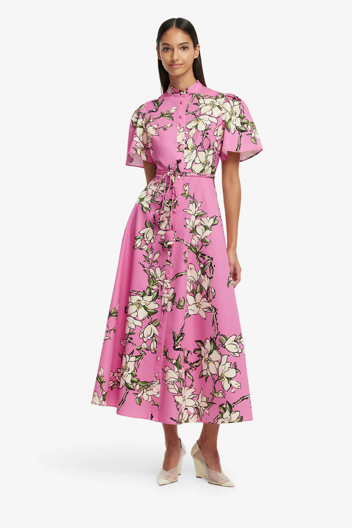 Leo Lin Bianca Short Sleeve Midi Dress - Pink Magnolia Print - Image 2