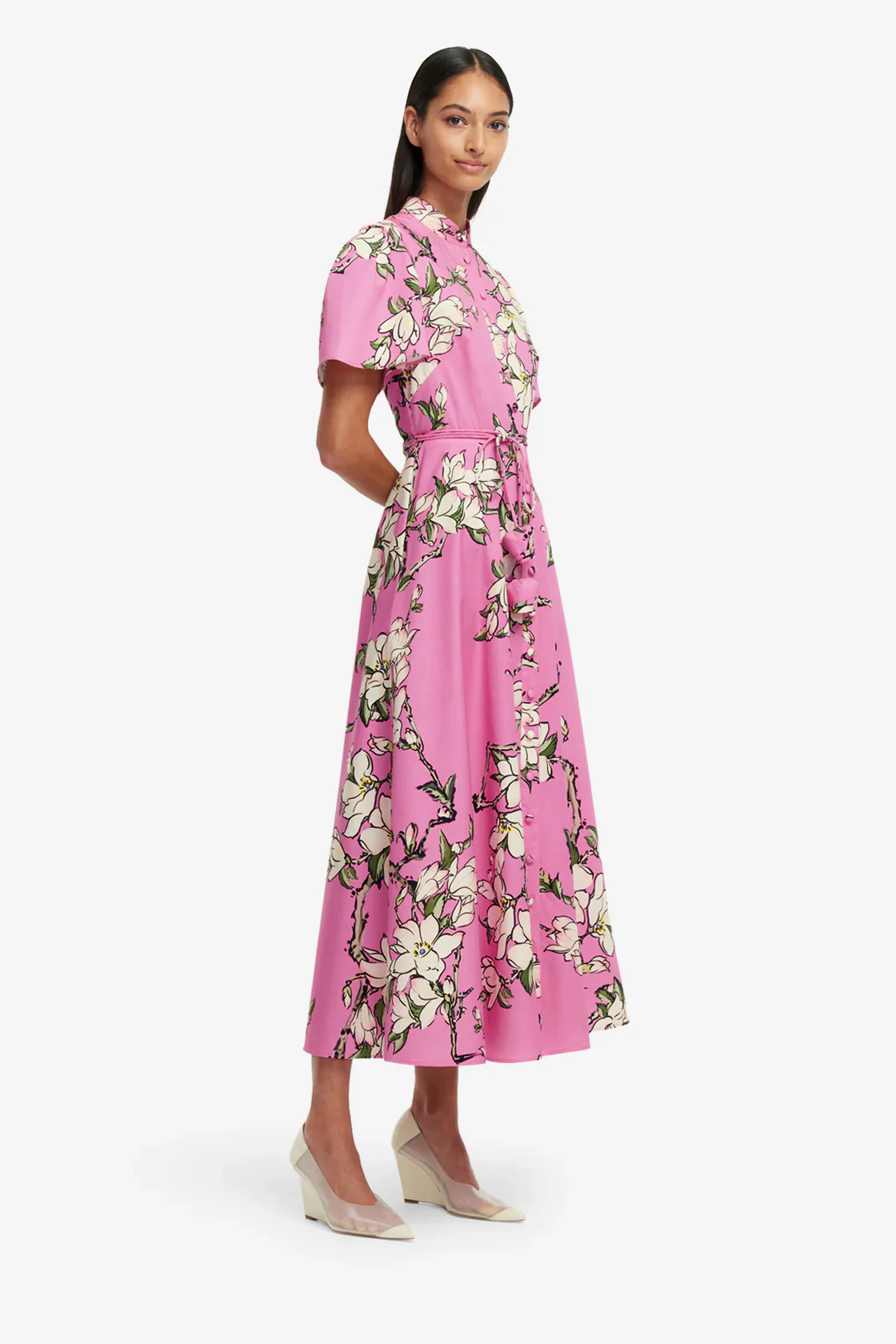 Leo Lin Bianca Short Sleeve Midi Dress - Pink Magnolia Print - Image 4