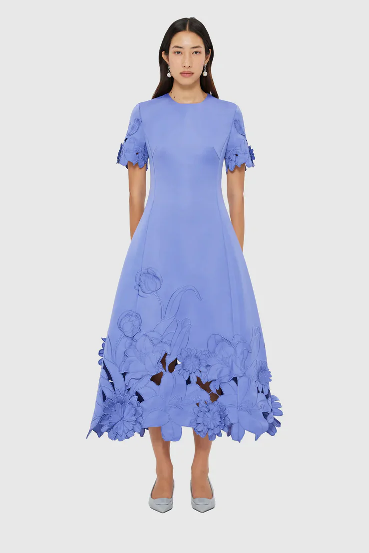 Leo Lin Caroline Appliqué Short Sleeve Midi Dress - Moonlight