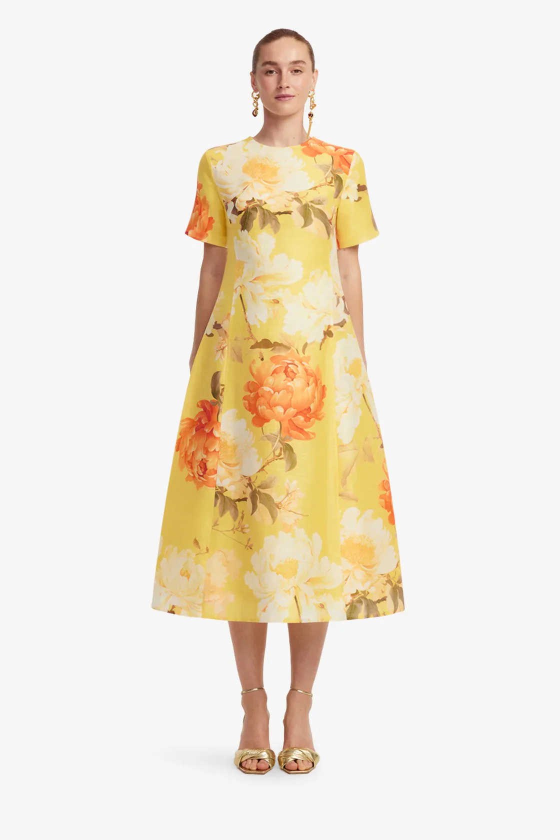 Leo Lin Caroline Short Sleeve Midi Dress - Peony Print in Yellow