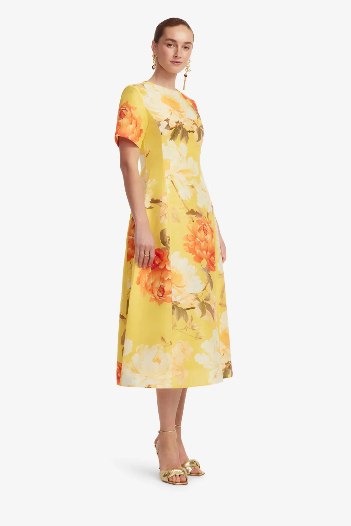 Leo Lin Caroline Short Sleeve Midi Dress - Peony Print in Yellow - Image 3