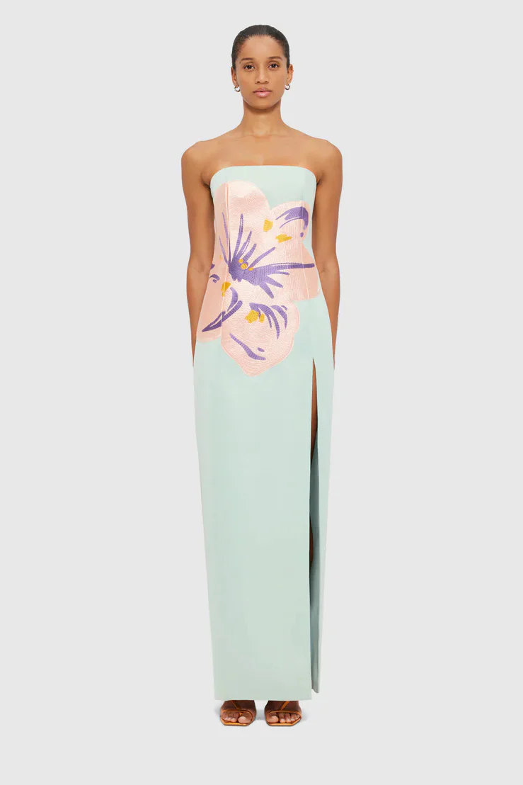 Leo Lin Clémence Embroidered Split Maxi Dress - Hibiscus in Pistachio