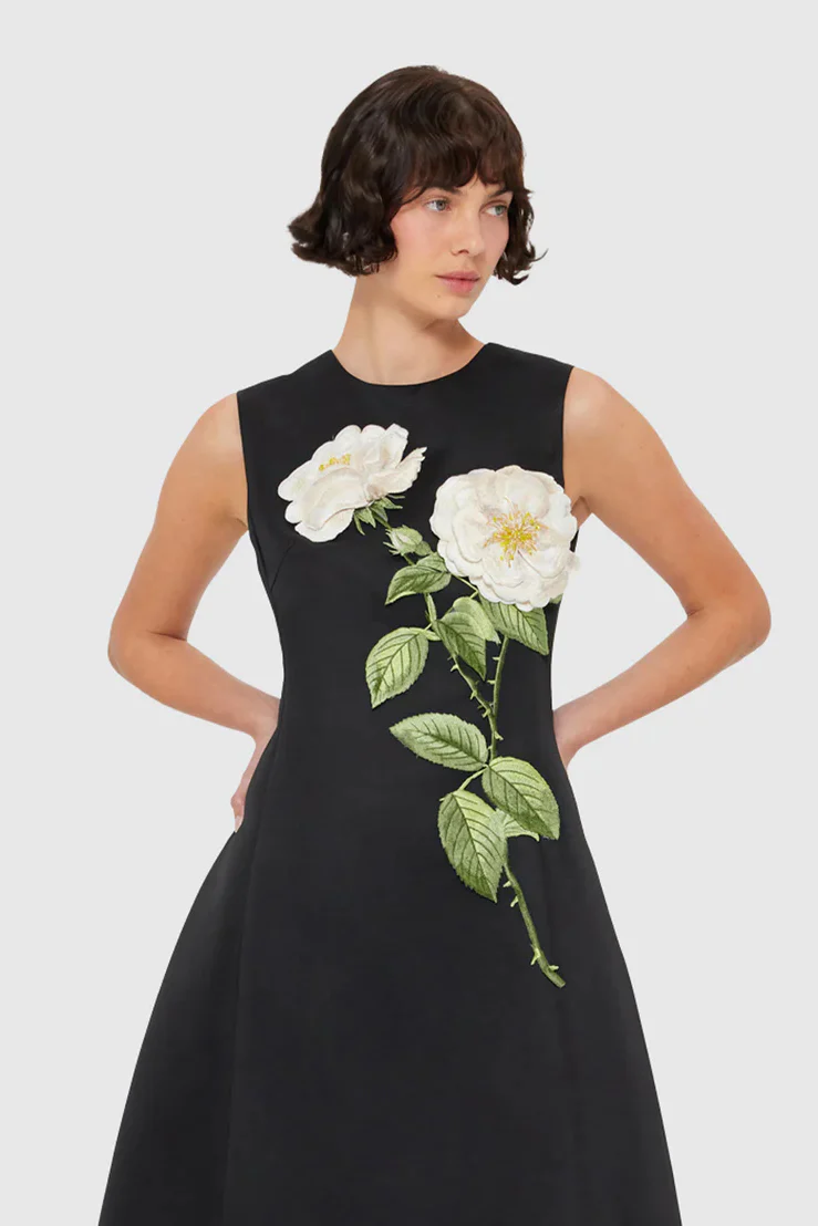 Leo Lin Cleo Embellished Sleeveless Midi Dress - White Rose Print in Black - Image 2