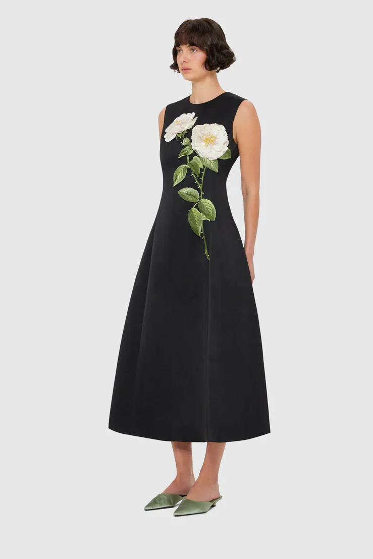 Leo Lin Cleo Embellished Sleeveless Midi Dress - White Rose Print in Black - Image 3