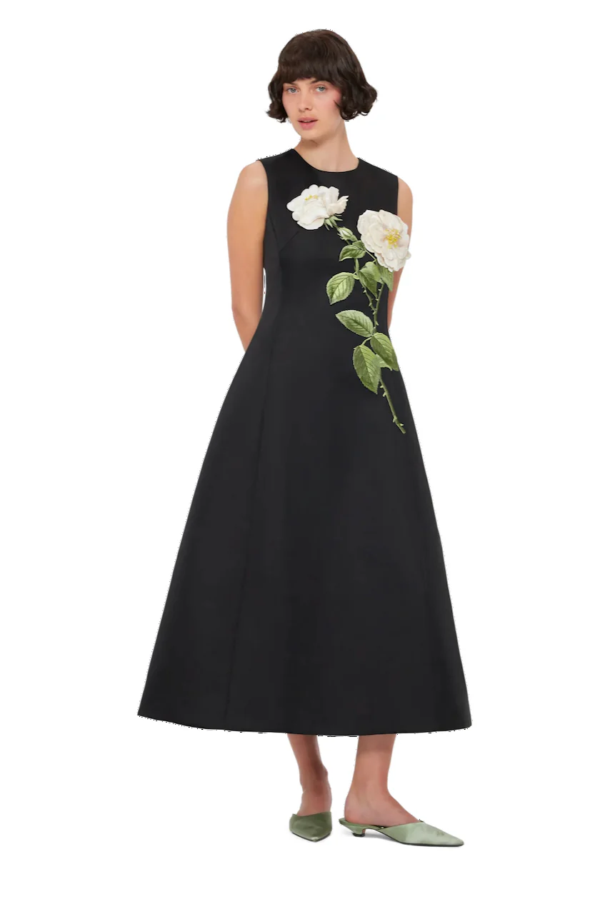 Leo Lin Cleo Embellished Sleeveless Midi Dress - White Rose Print in Black - Image 6