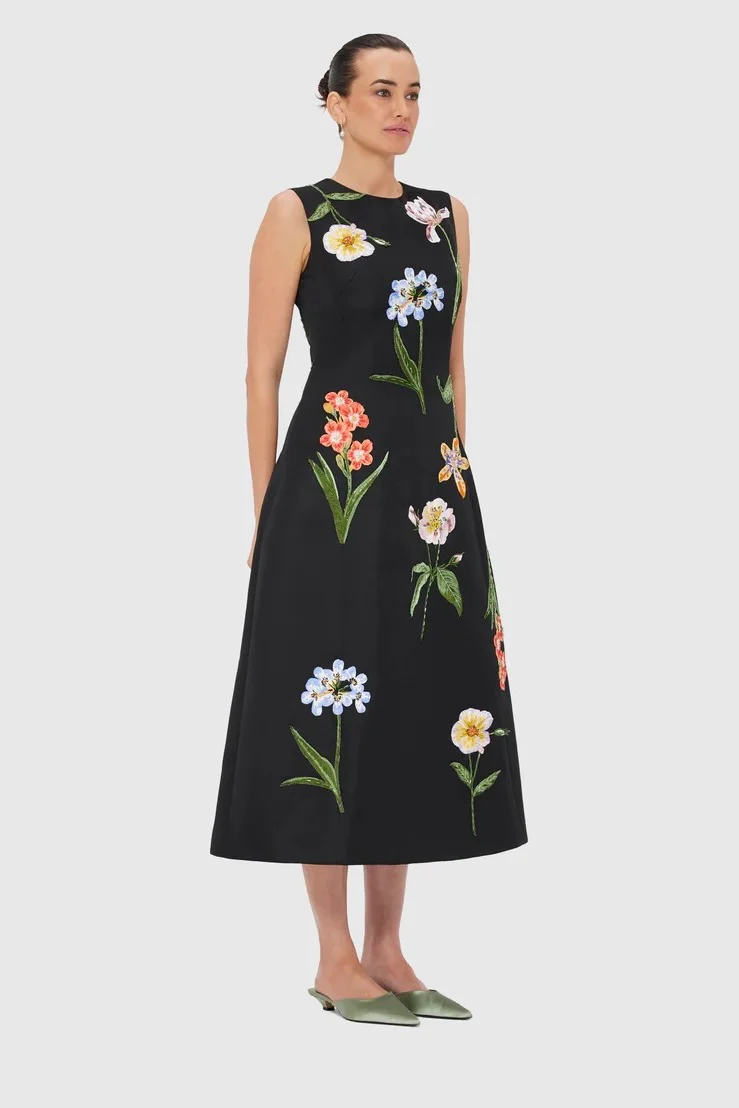 Leo Lin Cleo Embroidery Midi Dress - Botanical Print in Ebony - Image 3