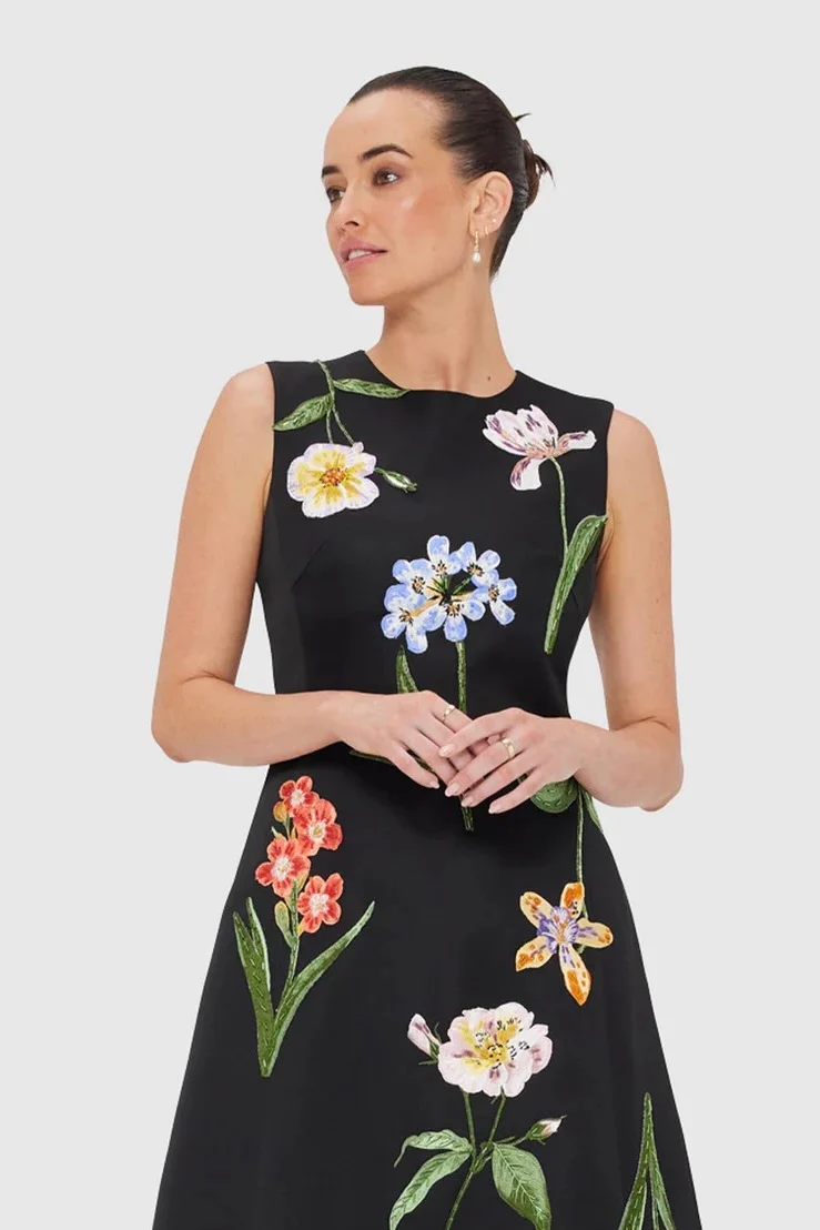Leo Lin Cleo Embroidery Midi Dress - Botanical Print in Ebony - Image 4