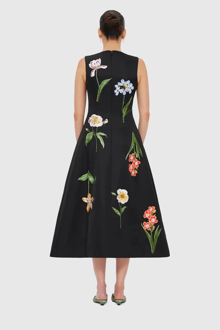 Leo Lin Cleo Embroidery Midi Dress - Botanical Print in Ebony - Image 5