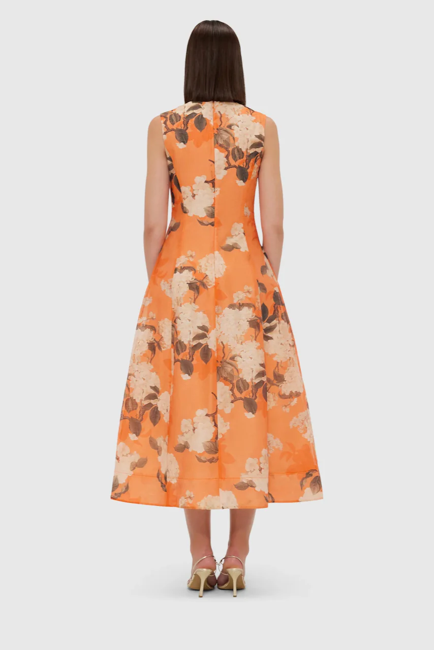 Leo Lin Cleo Sleeveless Midi Dress - Hydrangea Print in Tangerine - Image 4
