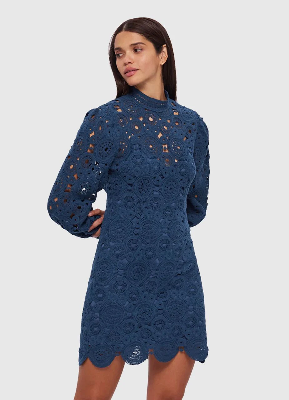 Leo Lin Daisy Crochet Long Sleeve Mini Dress - Navy - Image 2