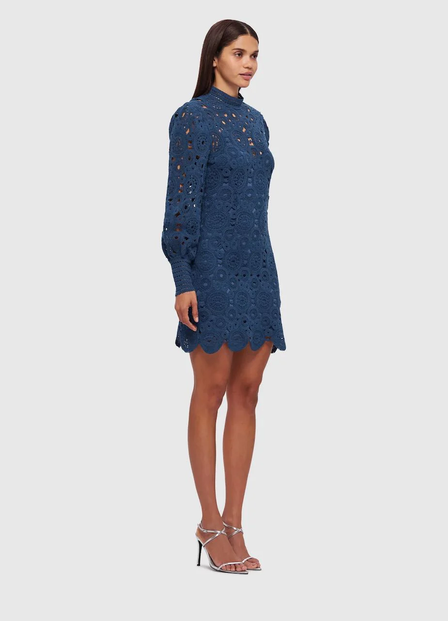 Leo Lin Daisy Crochet Long Sleeve Mini Dress - Navy - Image 3