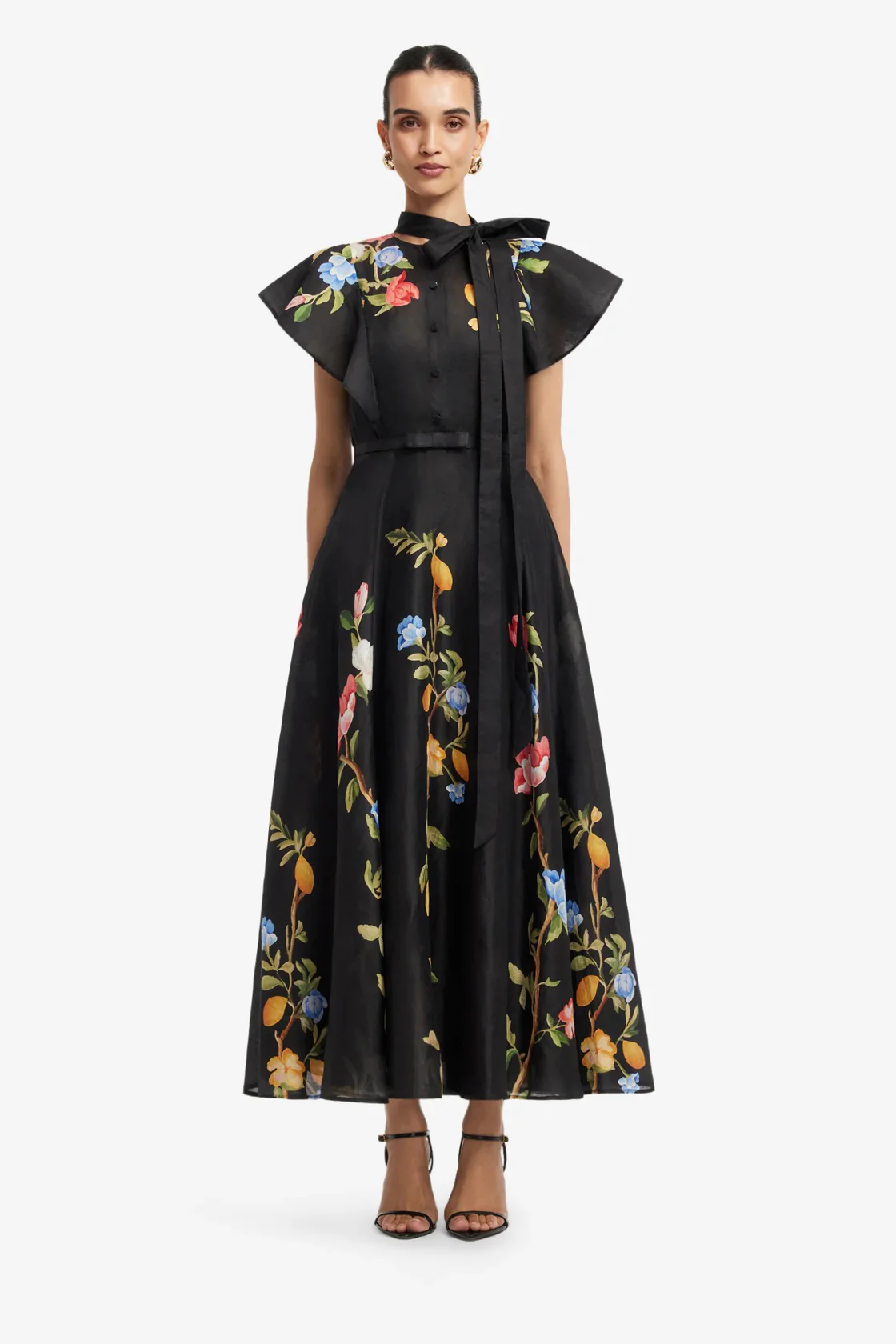 Leo Lin Elsie Flutter Sleeve Midi Dress - Lemon Vine Print in Ebony