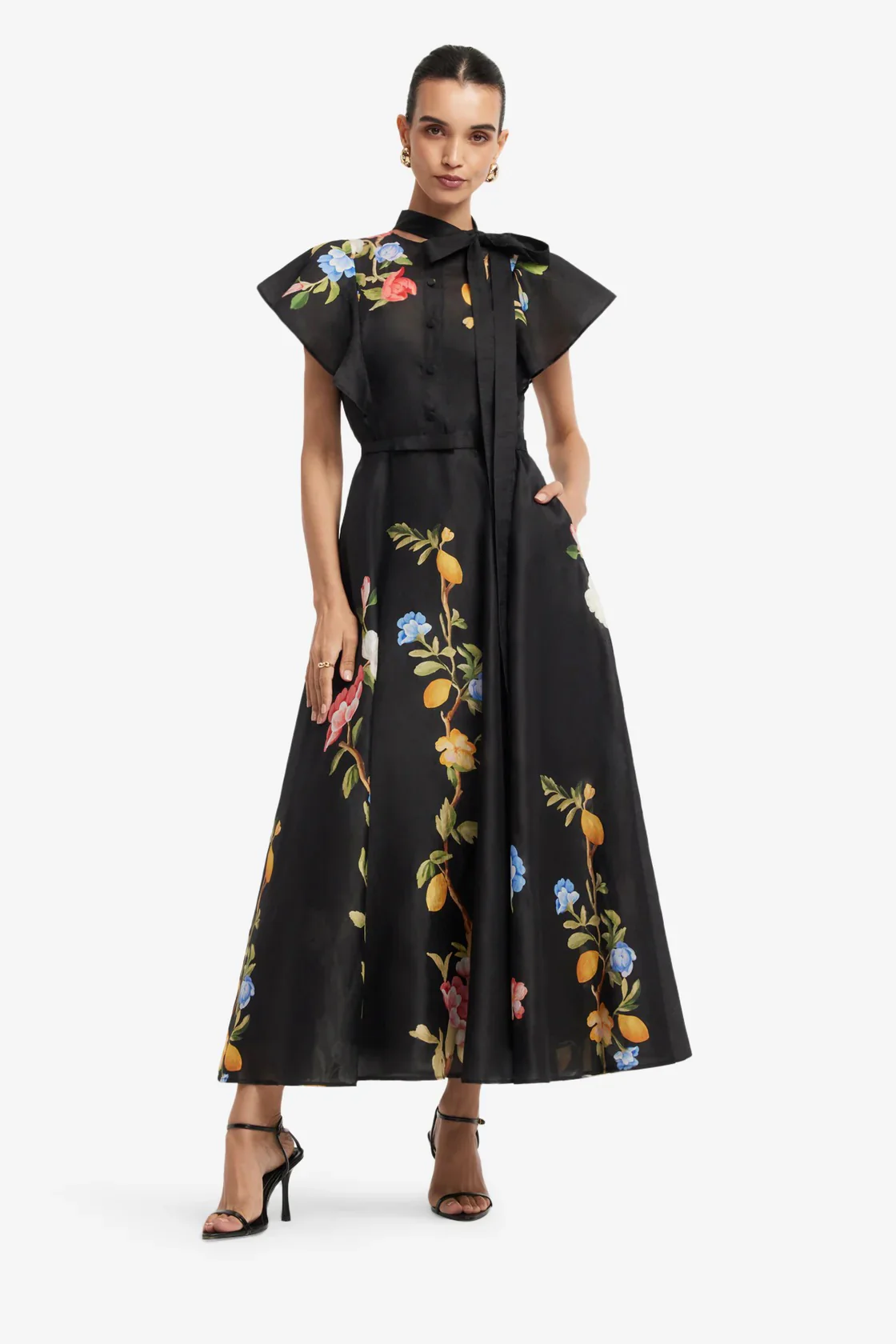 Leo Lin Elsie Flutter Sleeve Midi Dress - Lemon Vine Print in Ebony - Image 2
