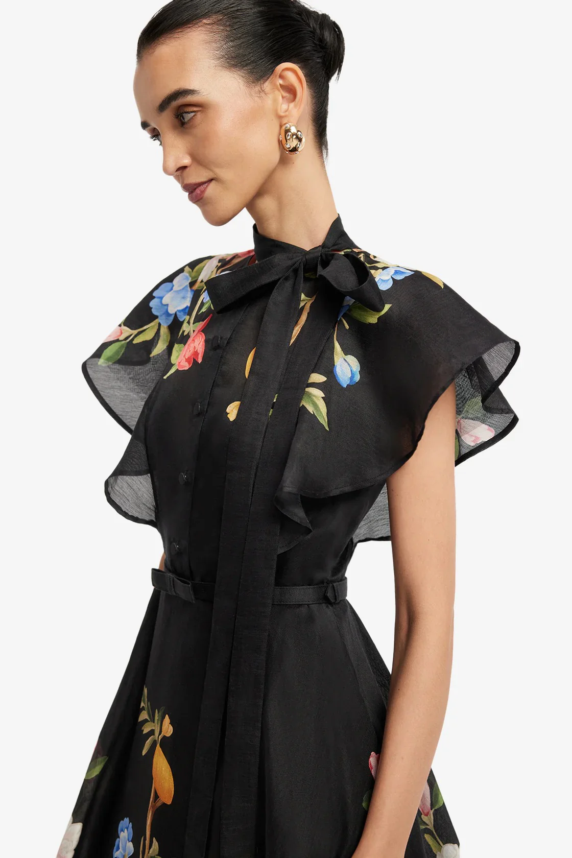 Leo Lin Elsie Flutter Sleeve Midi Dress - Lemon Vine Print in Ebony - Image 4