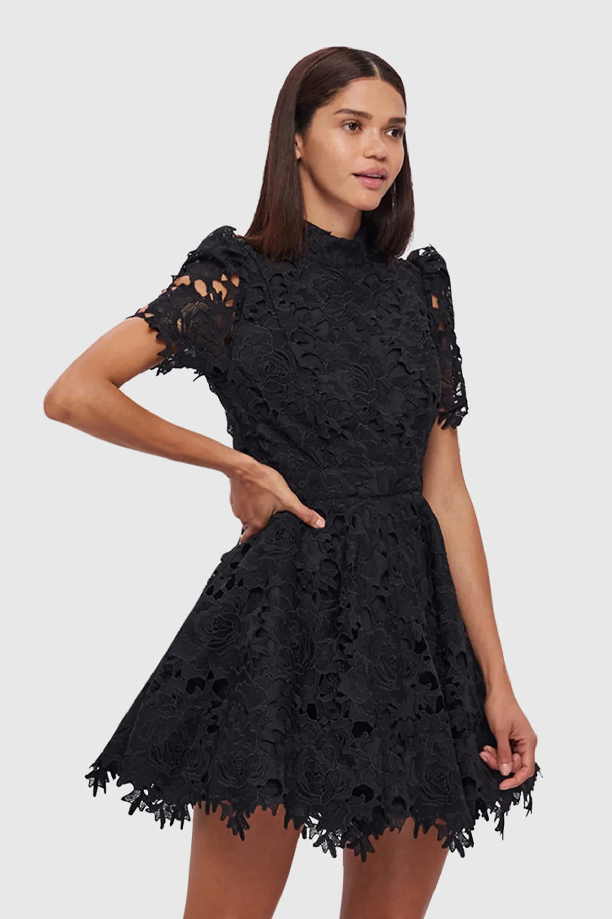 Leo Lin Elise Lace Short Sleeve Mini Dress - Ebony - Image 2