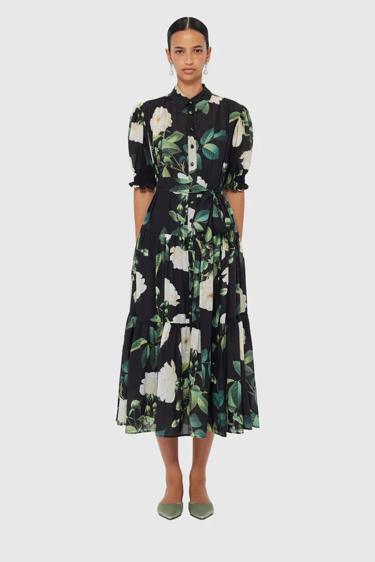 Leo Lin Ellie Bishop Midi Dress - White Rose Print in Black