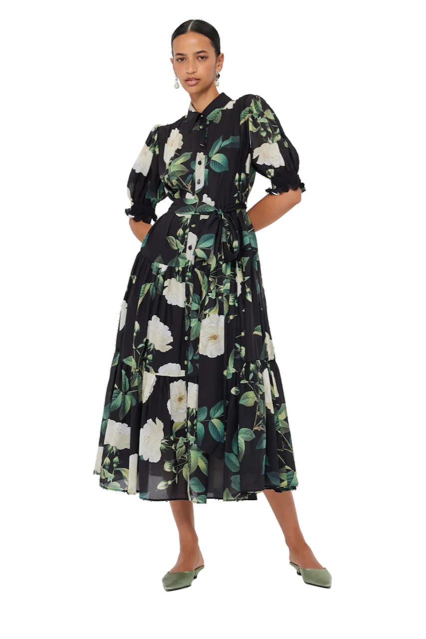 Leo Lin Ellie Bishop Midi Dress - White Rose Print in Black - Image 3