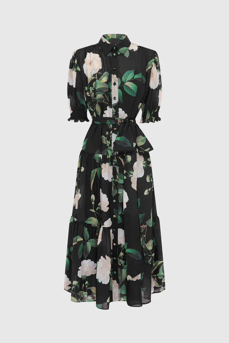 Leo Lin Ellie Bishop Midi Dress - White Rose Print in Black - Image 6