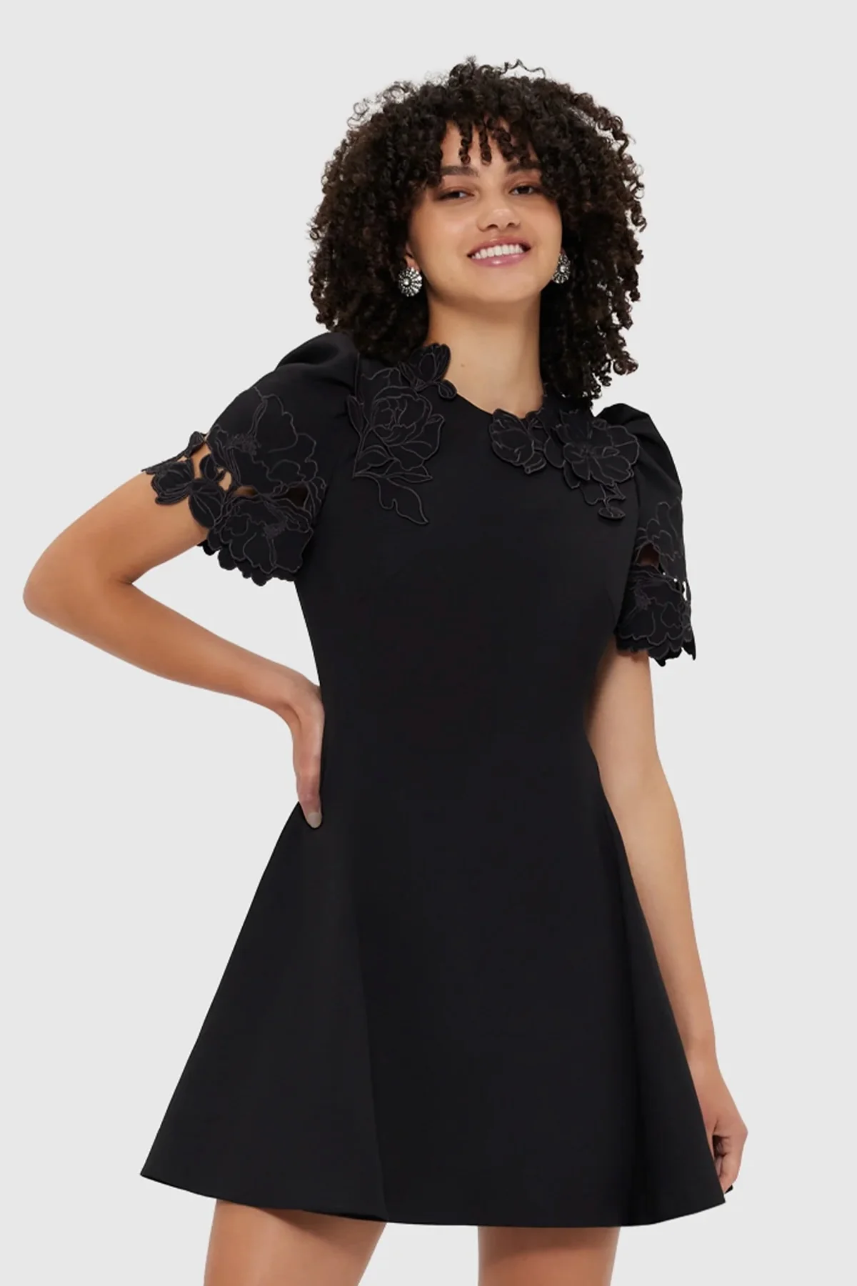 Leo Lin Elyse Appliqué Short Sleeve Mini Dress - Ebony - Image 2