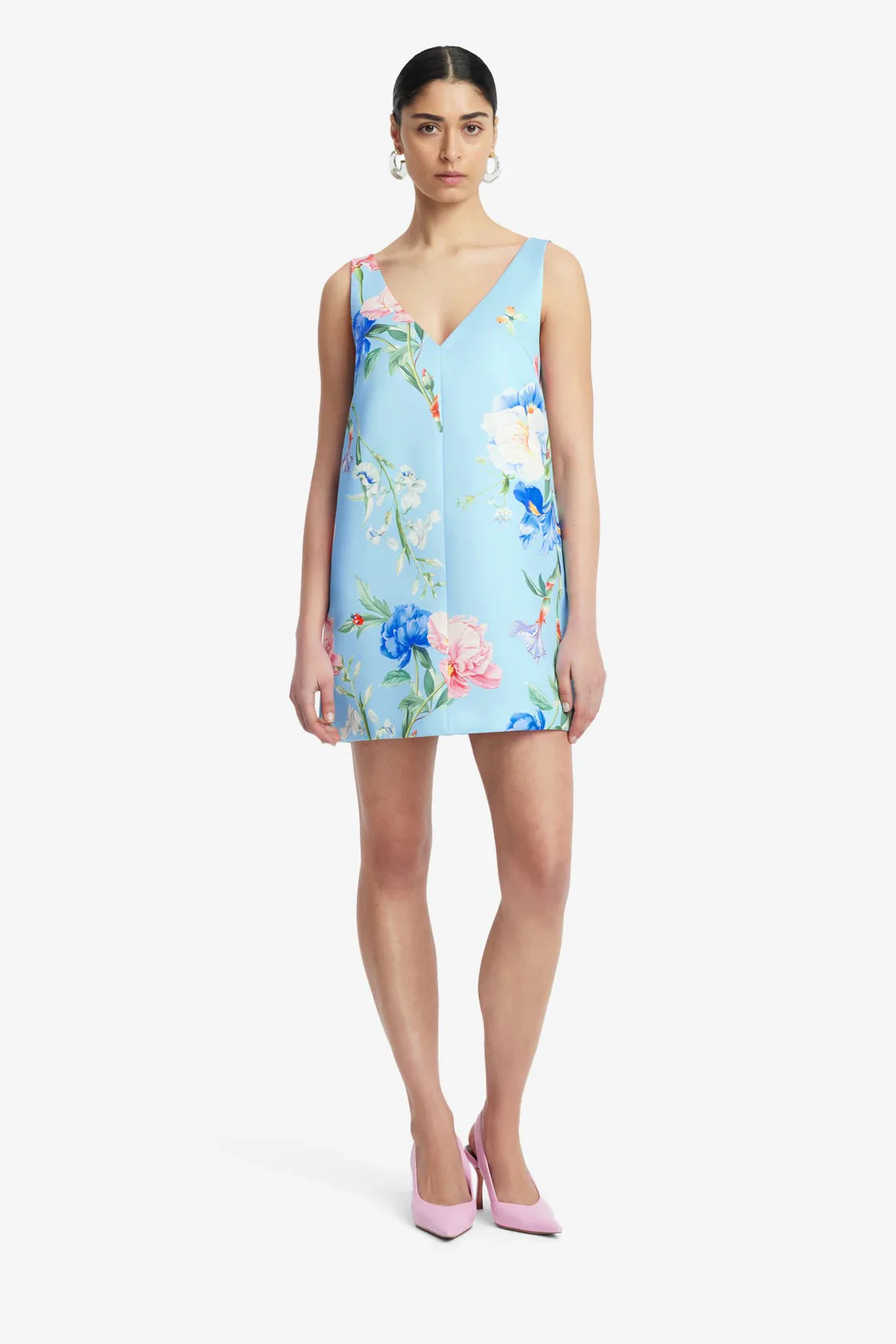 Leo Lin Kaelyn V Neck Mini Dress - Garden Print in Baby Blue - Image 2