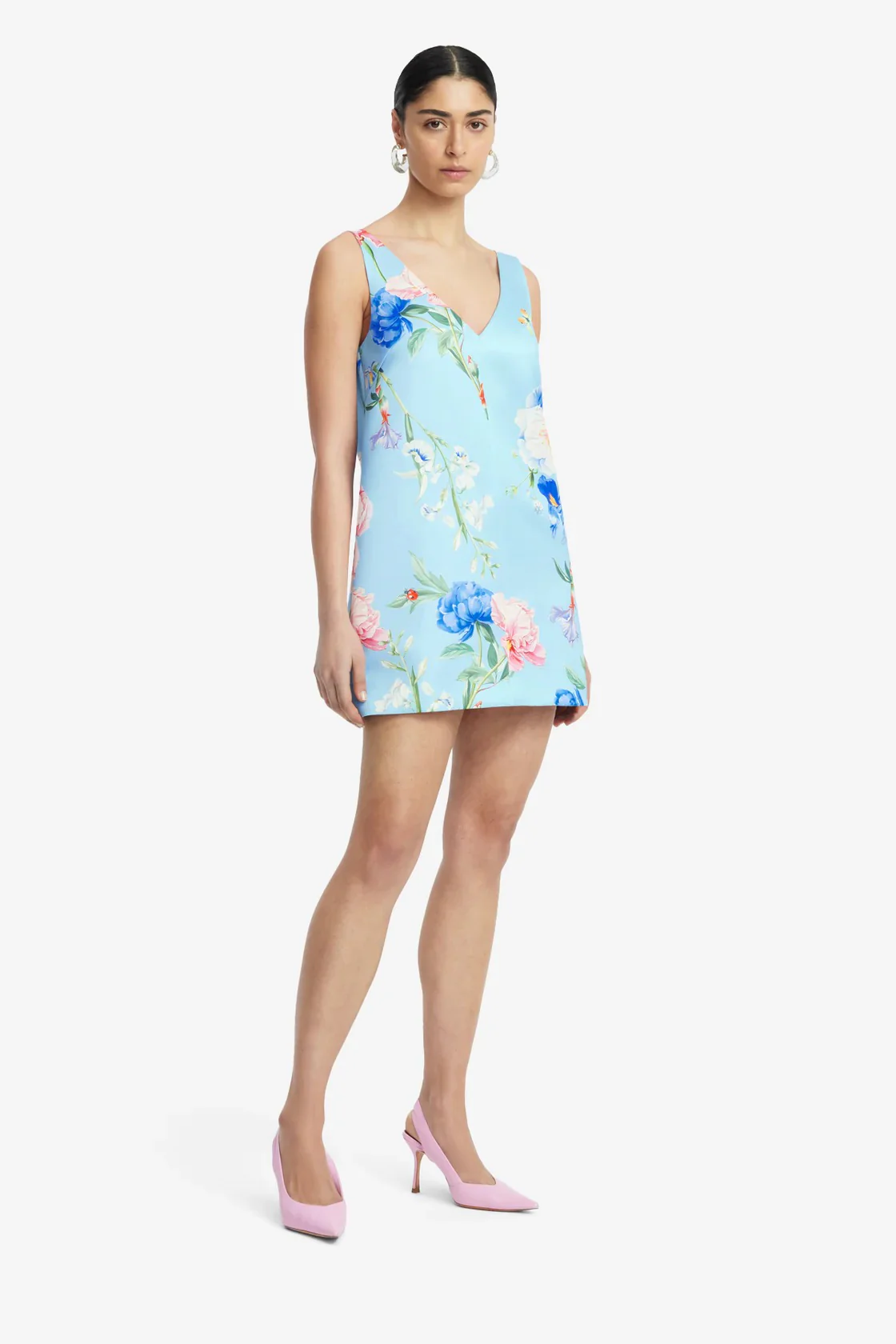 Leo Lin Kaelyn V Neck Mini Dress - Garden Print in Baby Blue - Image 3