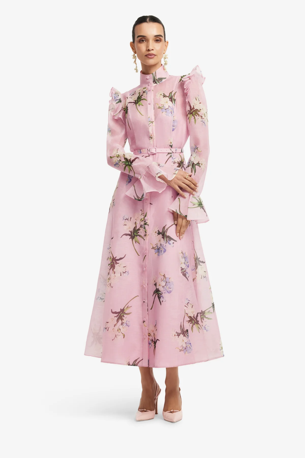 Leo Lin Katrina Butterfly Sleeve Midi Dress - Bouquet Print in Pastel Pink - Image 2