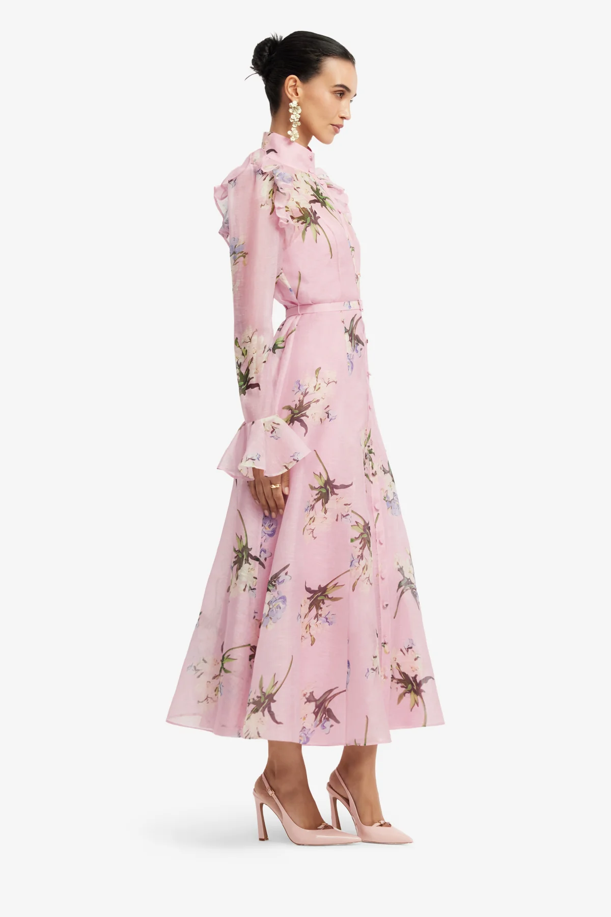 Leo Lin Katrina Butterfly Sleeve Midi Dress - Bouquet Print in Pastel Pink - Image 3