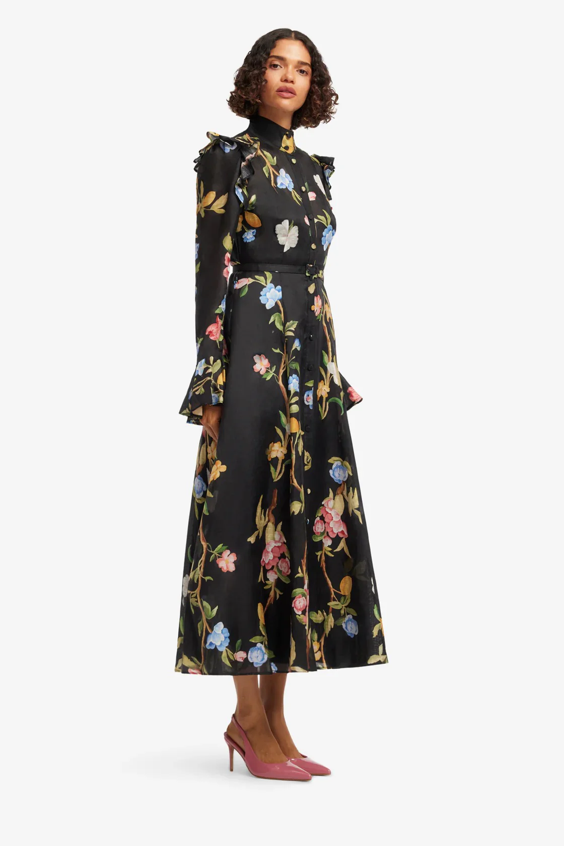 Leo Lin Katrina Butterfly Sleeve Midi Dress - Lemon Vine Print in Ebony - Image 3