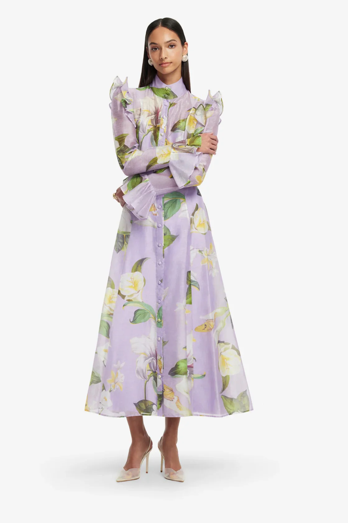 Leo Lin Katrina Butterfly Sleeve Midi Dress - Lily Blossom Print in Lilac - Image 2