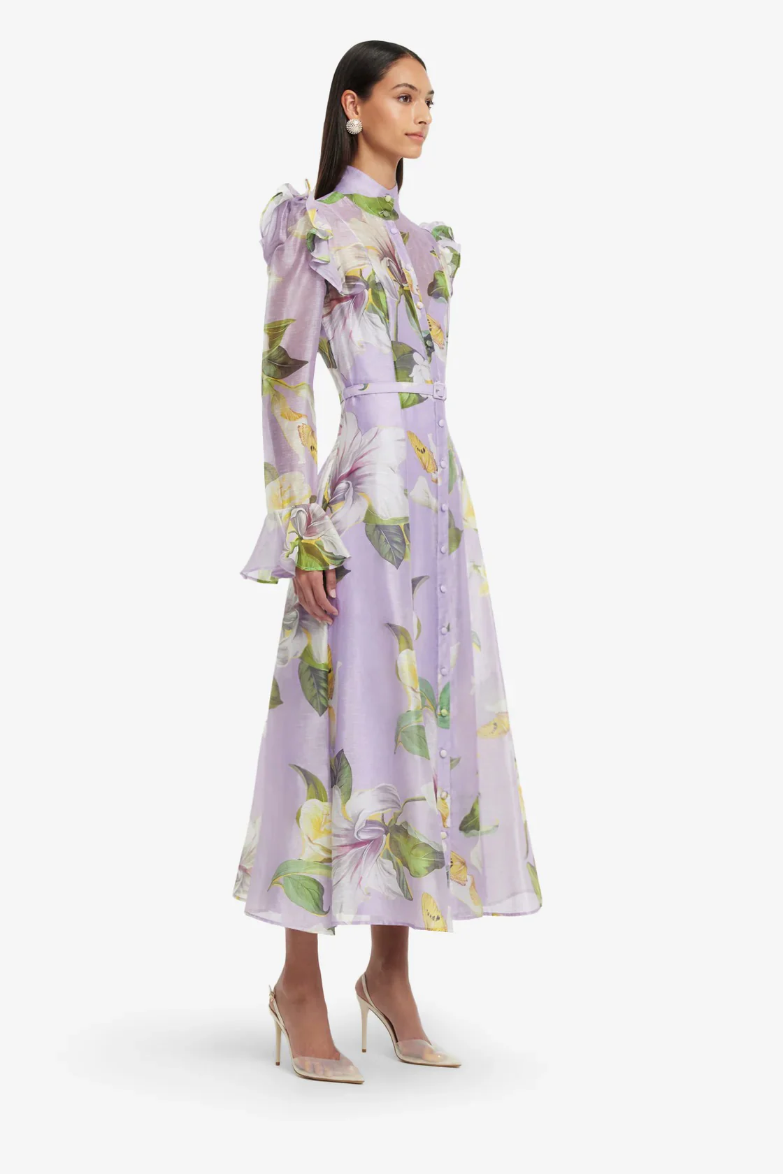 Leo Lin Katrina Butterfly Sleeve Midi Dress - Lily Blossom Print in Lilac - Image 3